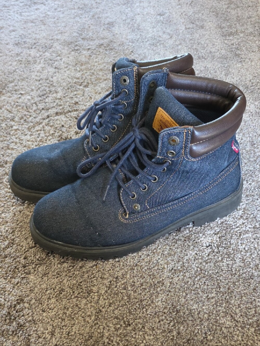 Denim Lace-Up Work Boots with Brown Collar